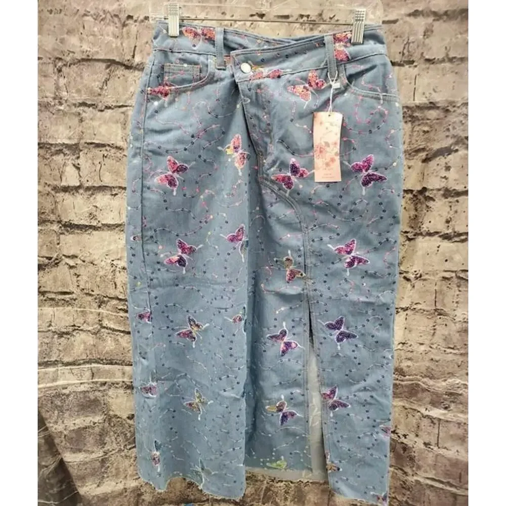 SHEIN MOD Butterfly Sequin Split Thigh Denim Skirt - Size 28-Y2K